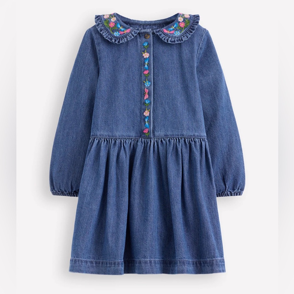 Boden Denim Embroidered Collar Dress Floral 10-11 years new with tags